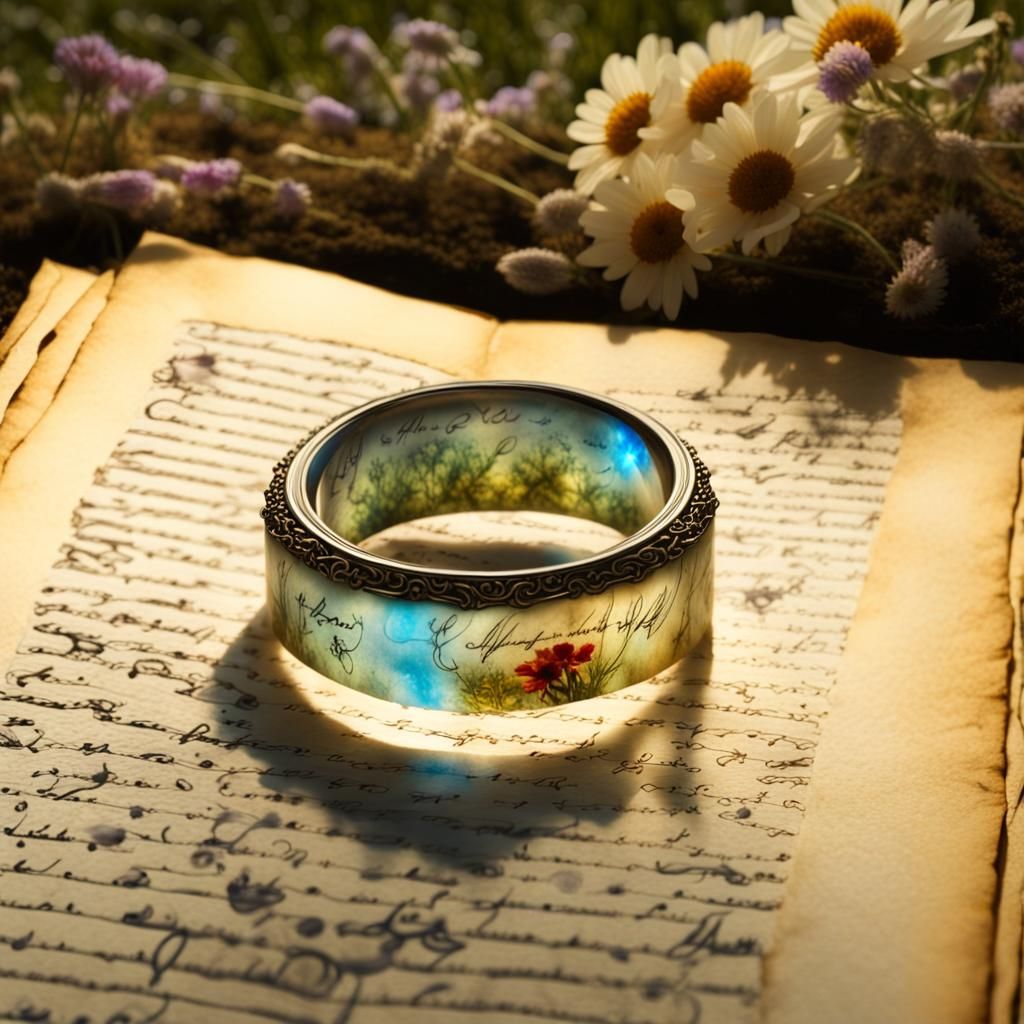 Luminescent Elven Ring on Parchment with Wildflowers