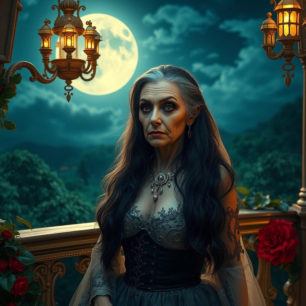 Elderly Juliet on Balcony in Fantasy Concept Art Style