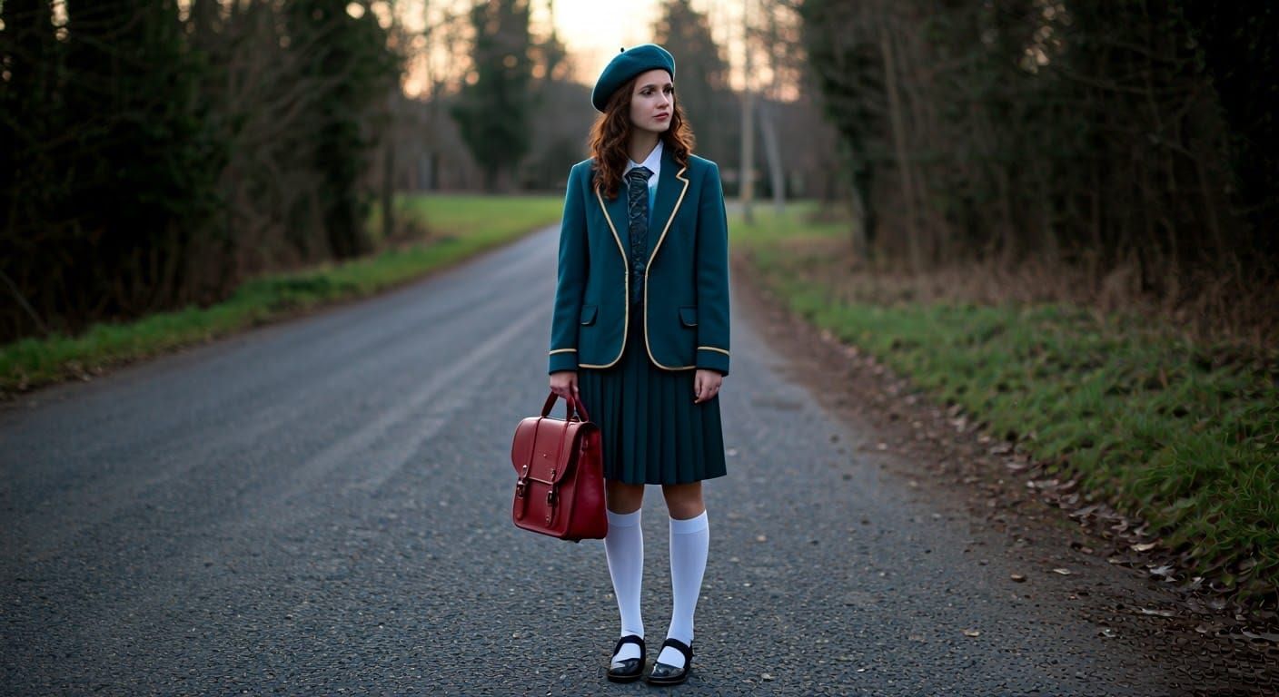 Woman in Teal Blazer on Deserted Road