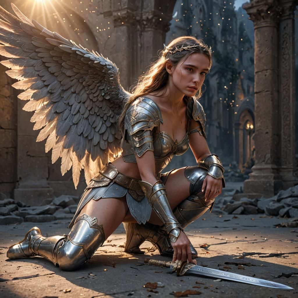 Female Warrior Angel Kneeling with Sword: Digital Art