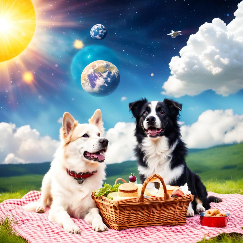 Dogs Picnic in Space with Heavenly Sunshine