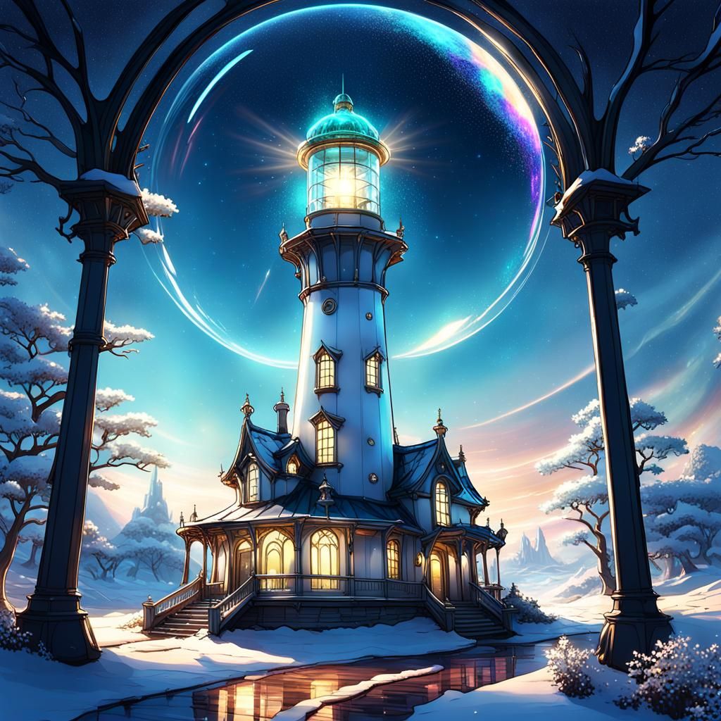 Solarpunk Lighthouse with Iridescent Dome in Anime Style