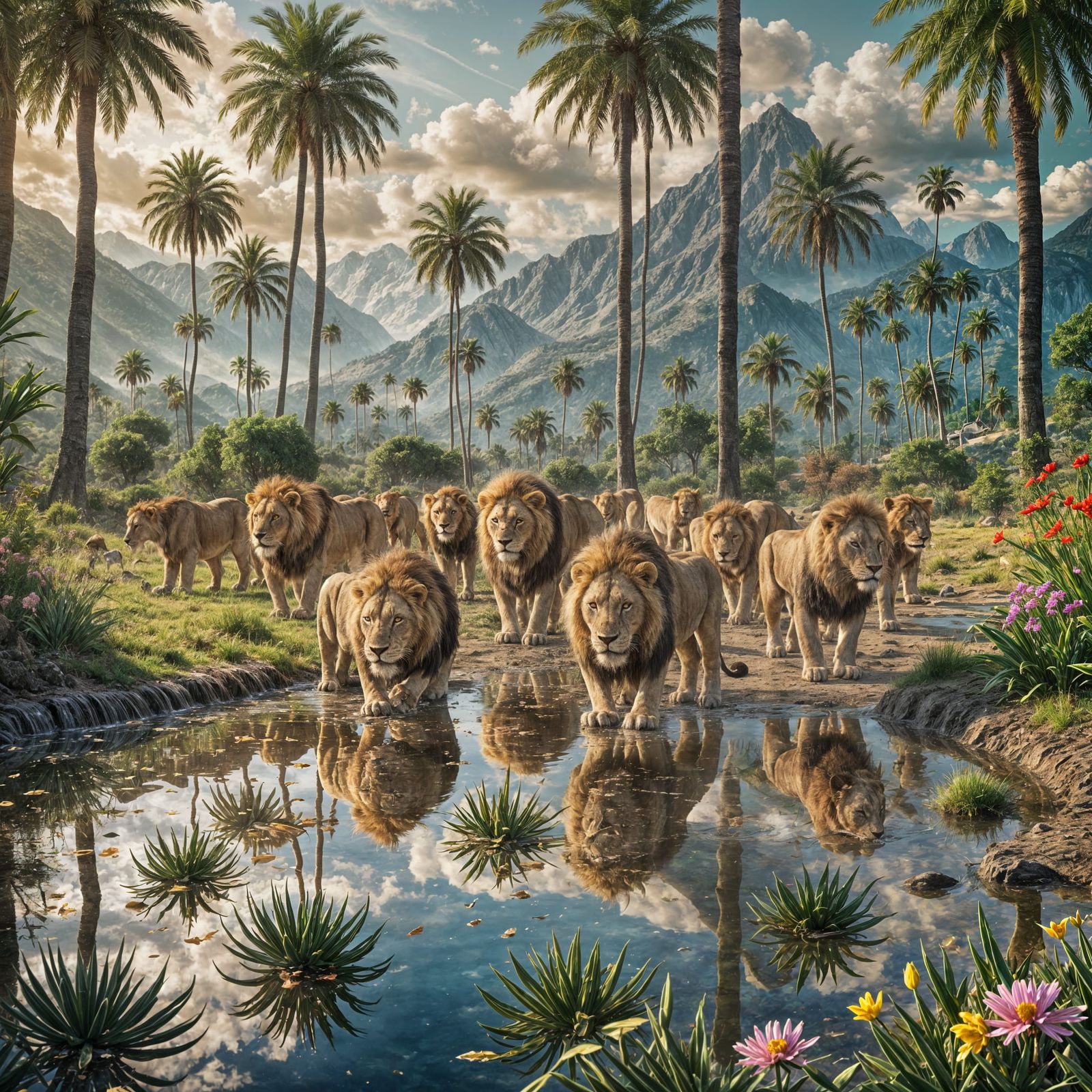 Lion Reflections in Water Puddle