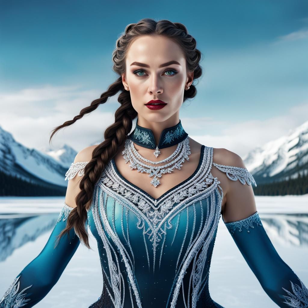 Nordic Ice Skater on Frozen Lake, Detailed Matte Painting