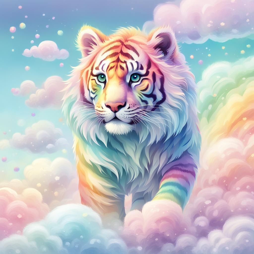 Rainbow Tiger in Dreamy Pastel Landscape