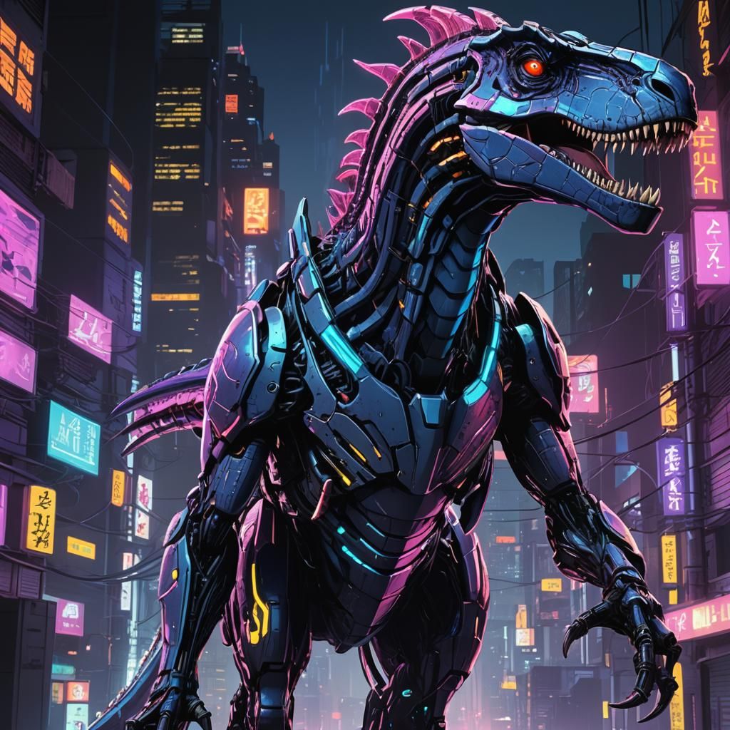 Cyberpunk Allosaurus in Anime Style