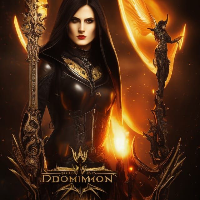 Mysterious Female Demon Hunter in Dark Fantasy Landscape