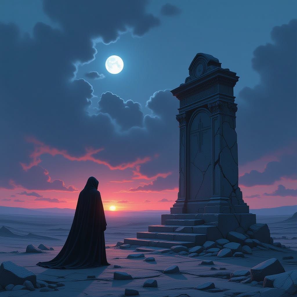 A solitary, cloaked figure stands before a crumbling, ancien...