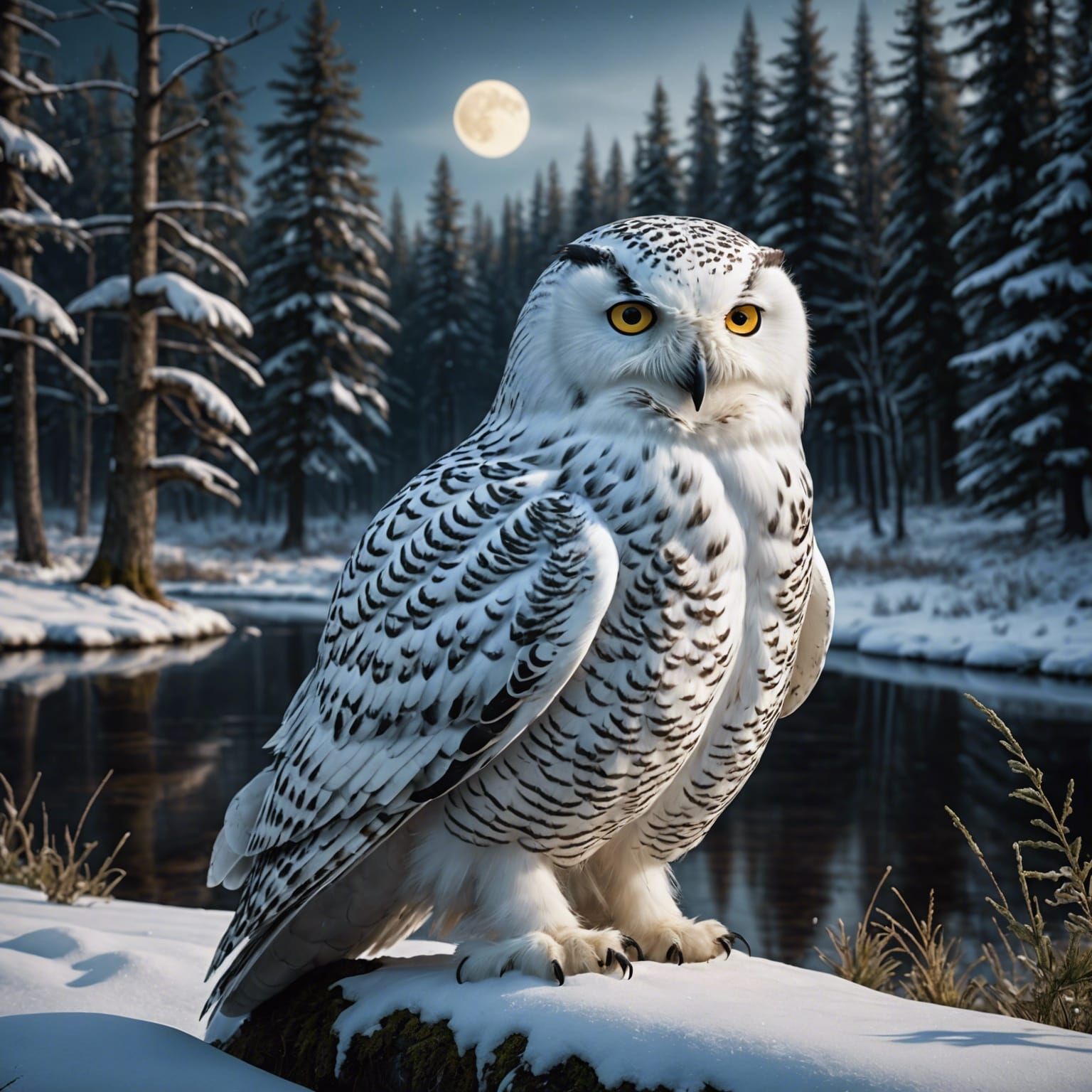 Photorealistic Snowy Owl in Winter Wonderland