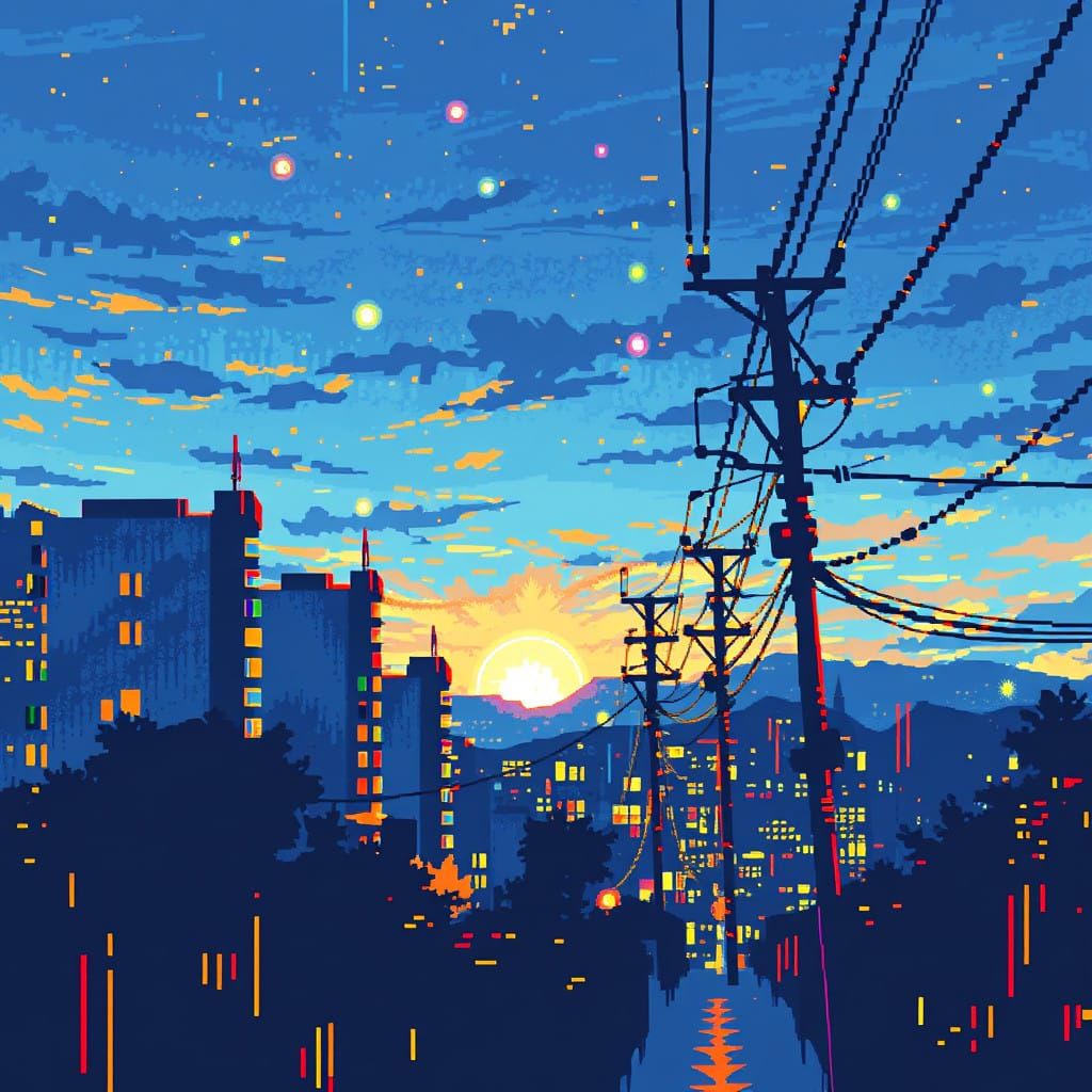 Ethereal Impressionist Scene with Glitchy Pixelation