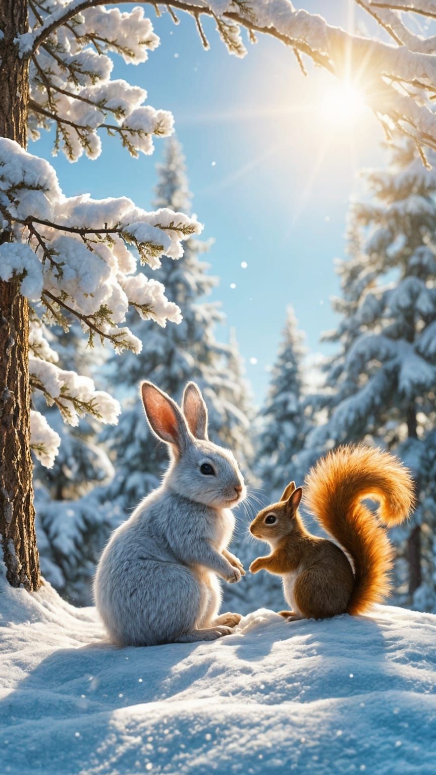 Winter Wonderland Scene with Rabbit and Squirrel Friends