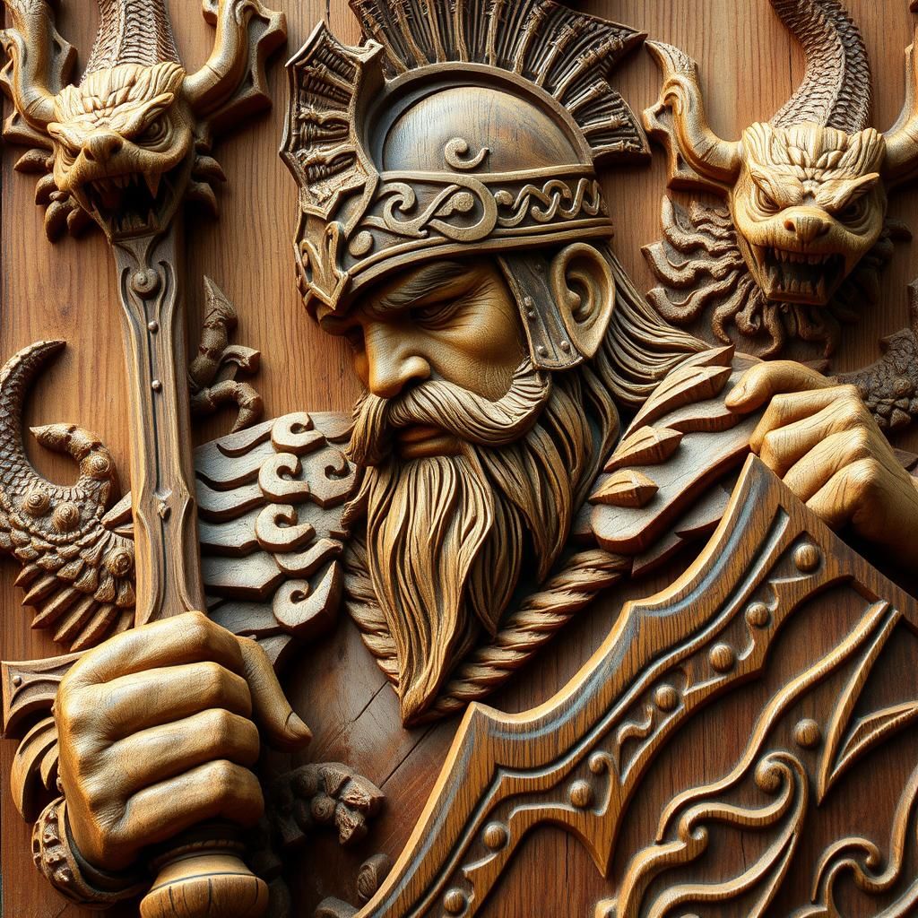 Detailed Wood Carving of a Fantasy Warrior