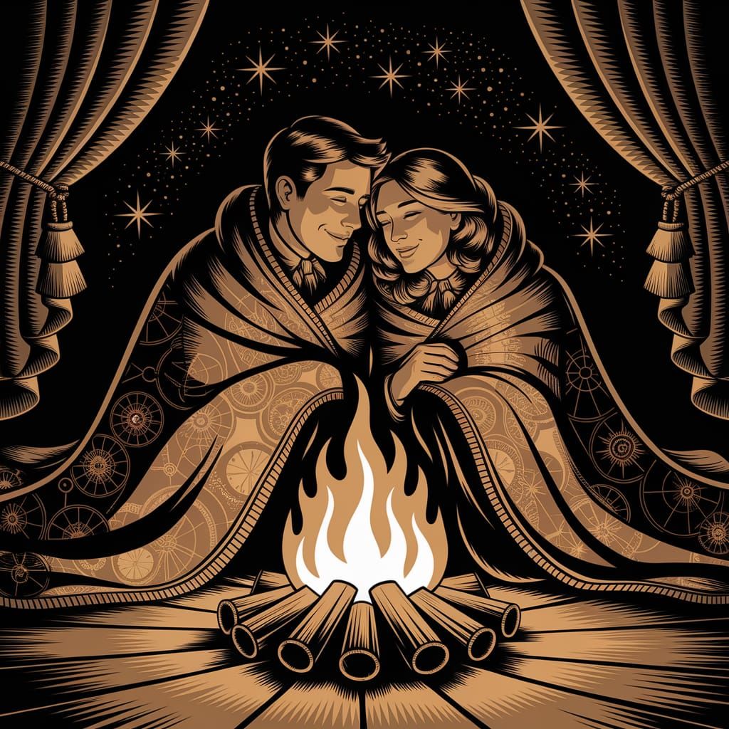 Stargazing Couple by Bonfire in Victorian Steampunk Style