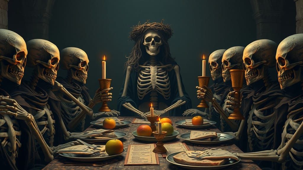 Skeletons Gather for a Haunting, Candlelit Feast in a Mediev...