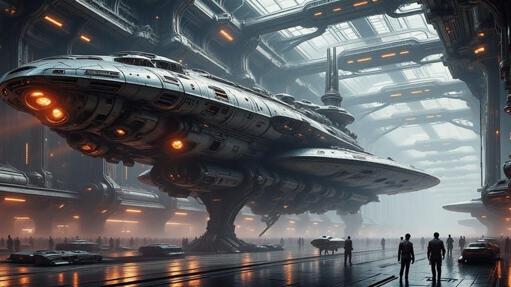 Starfighter Squadron Prepares for Launch in Sci-Fi Hangar