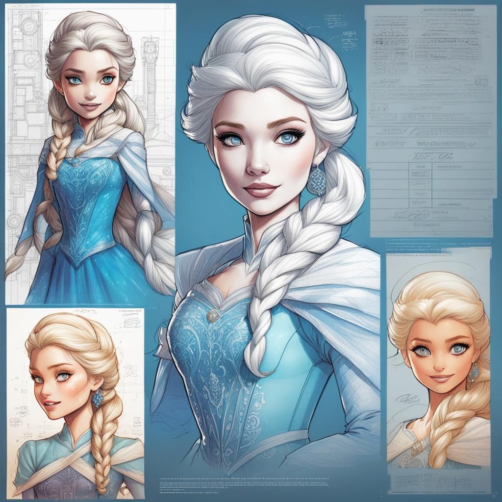 Elsa Barbie Technical Blueprint in Graphic Novel Style