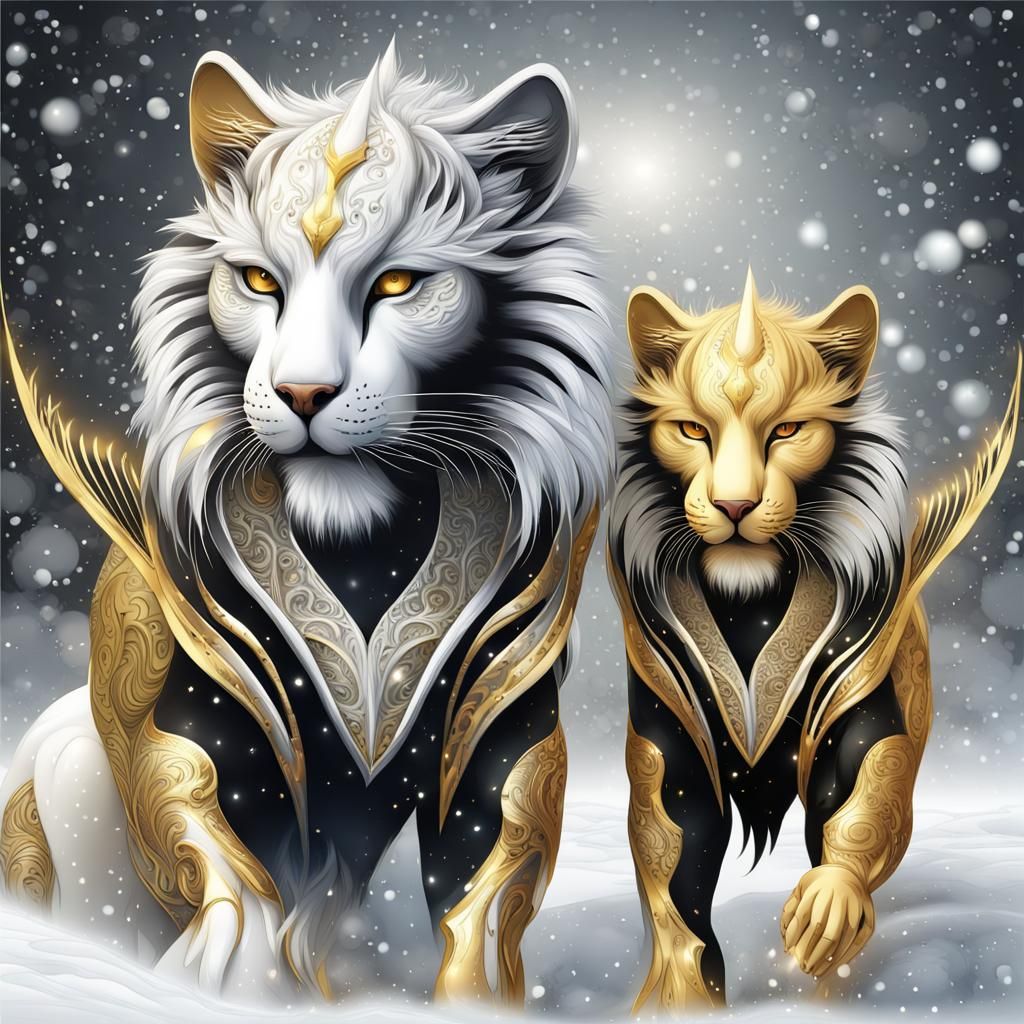 Mystical Armored Big Cats with Wings in Snow