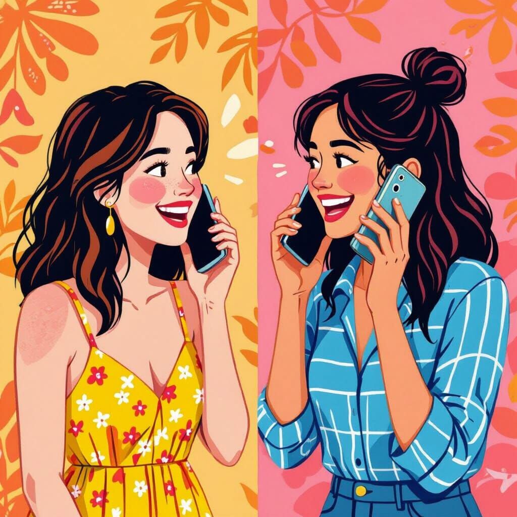 Friends Talking Happily on the Phone, Cartoon Illustration