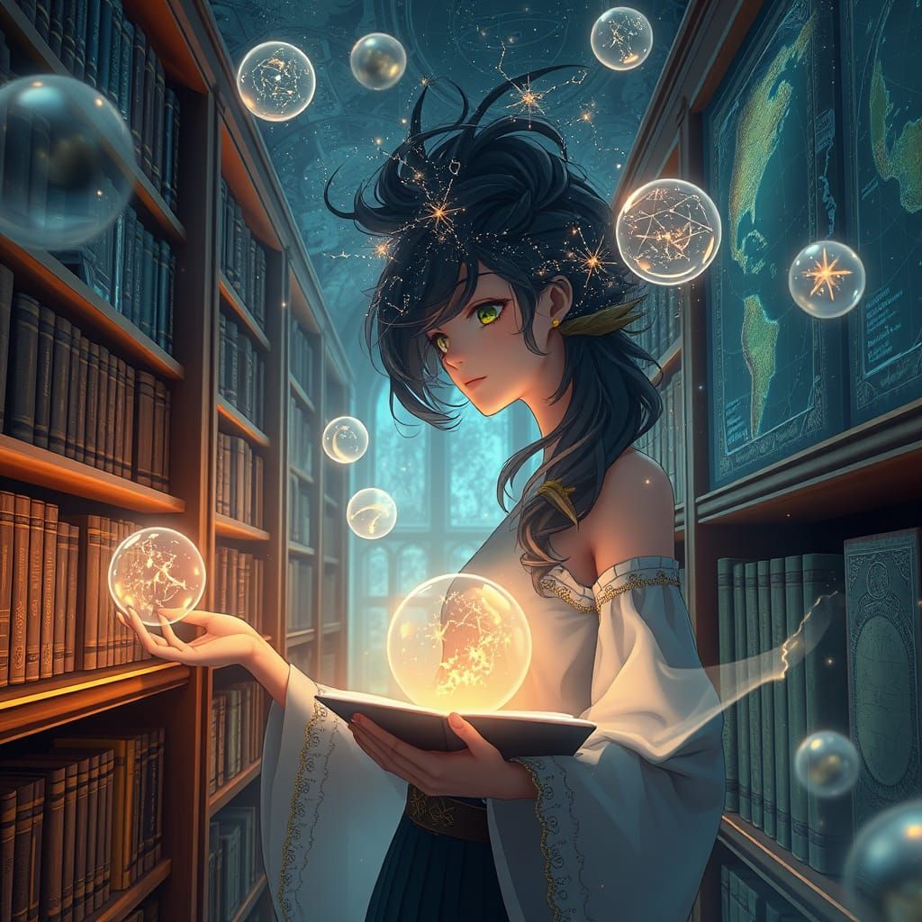 Celestial Librarian Among Glowing Constellations