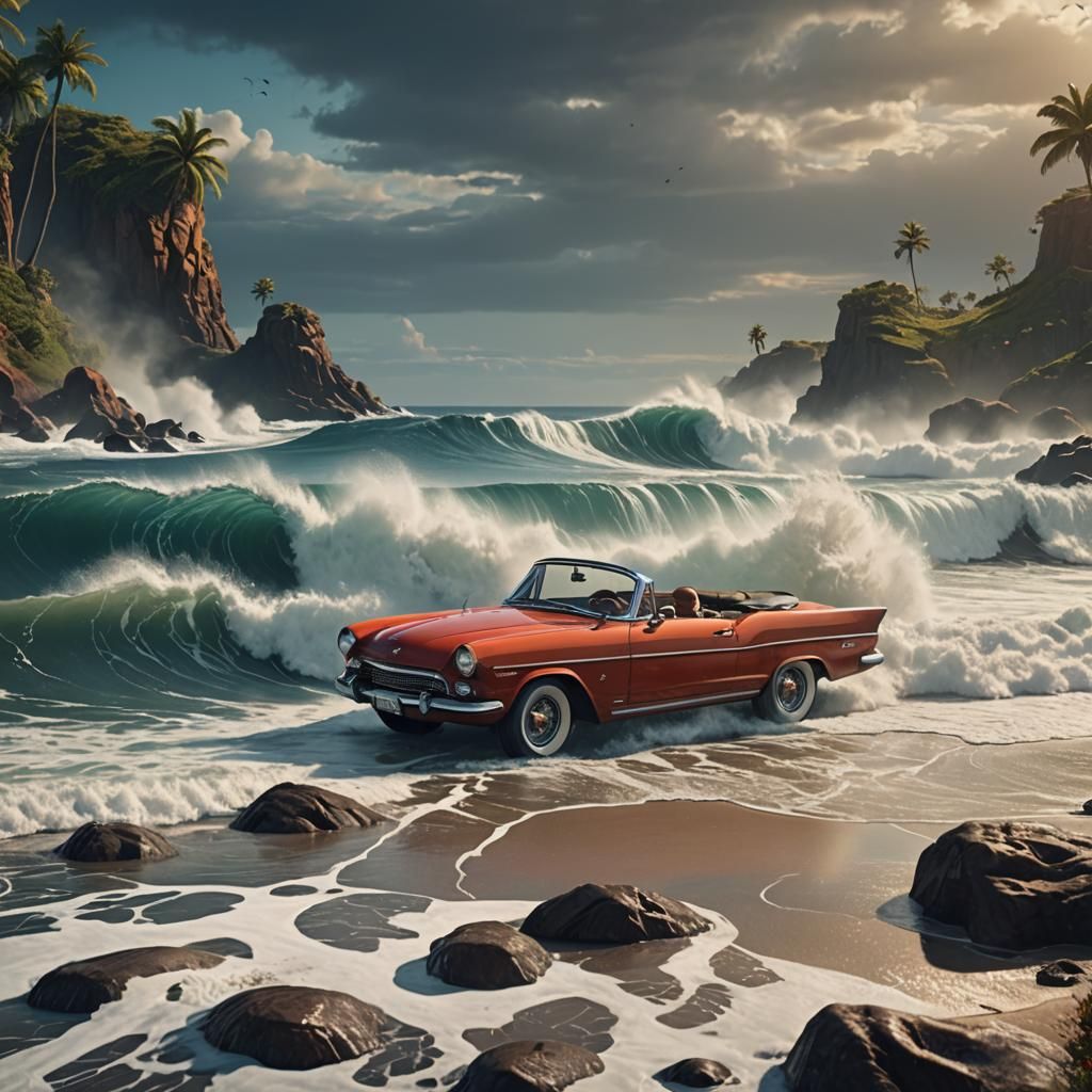 1960s Surf Scene with Aliens: Detailed Matte Painting