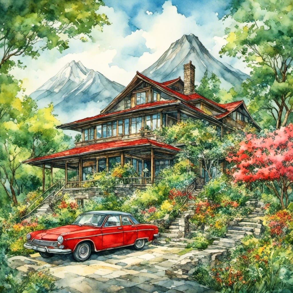 Japanese House Illustration with Red Car