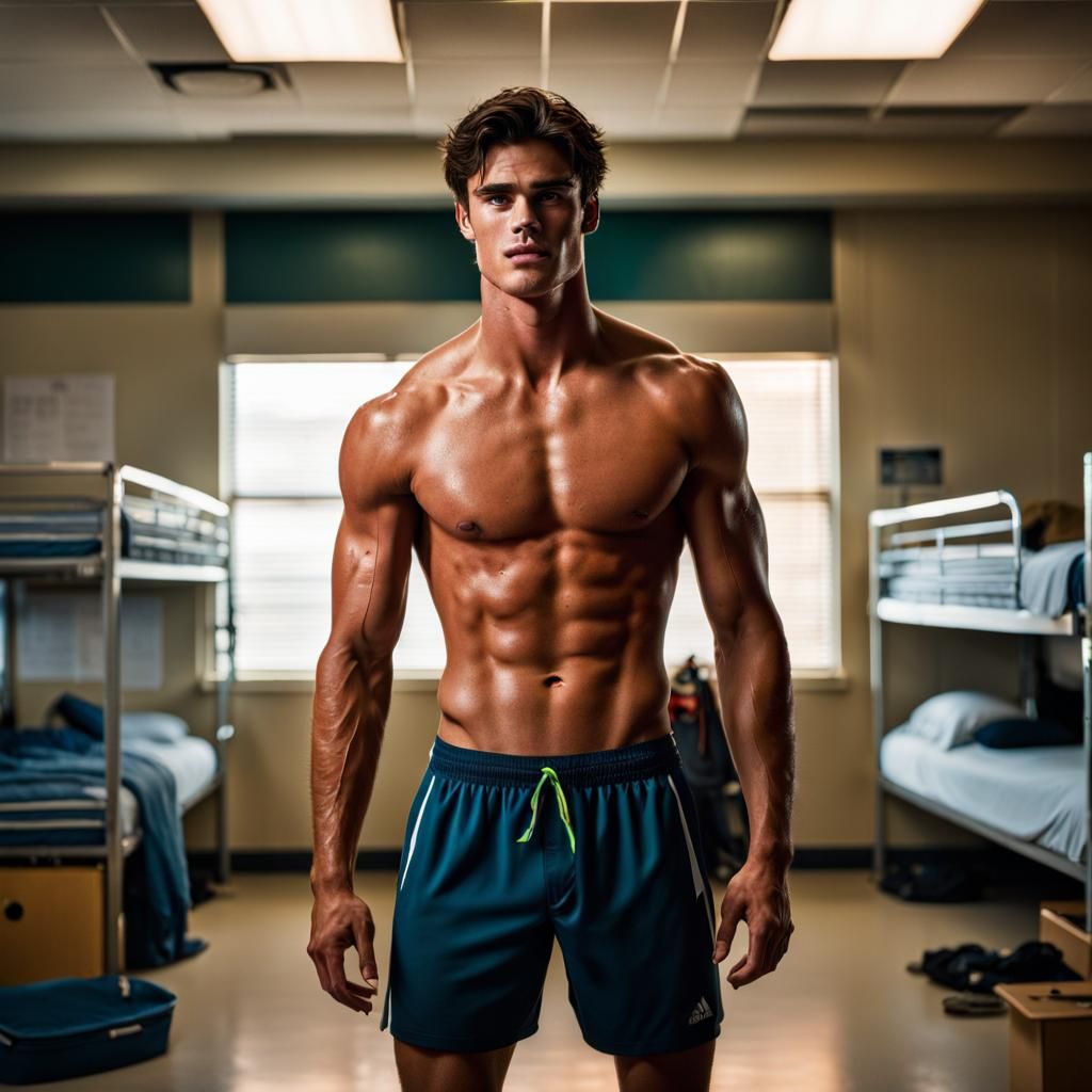 Athlete in Dorm Room: Photorealistic Cinematic Still