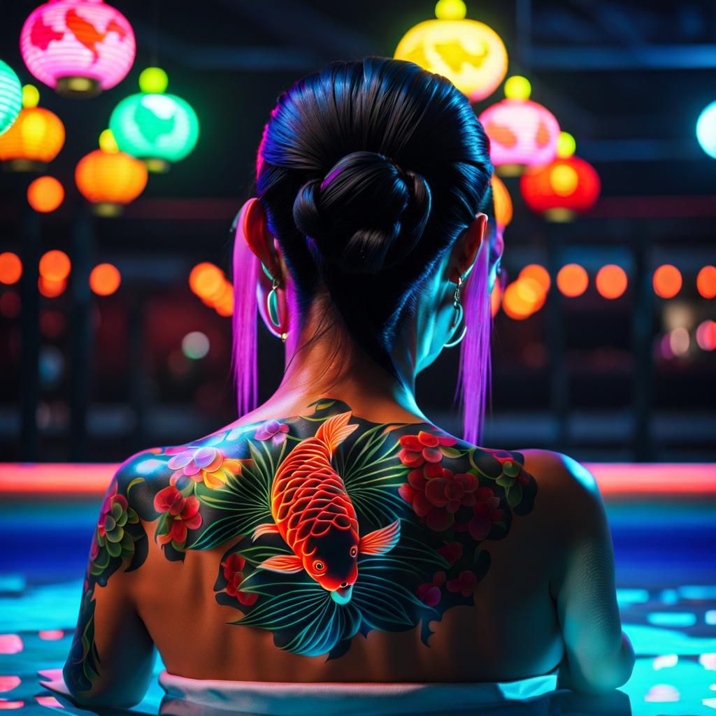 Japanese Woman with Neon Koi Tattoos in Cyberpunk Setting