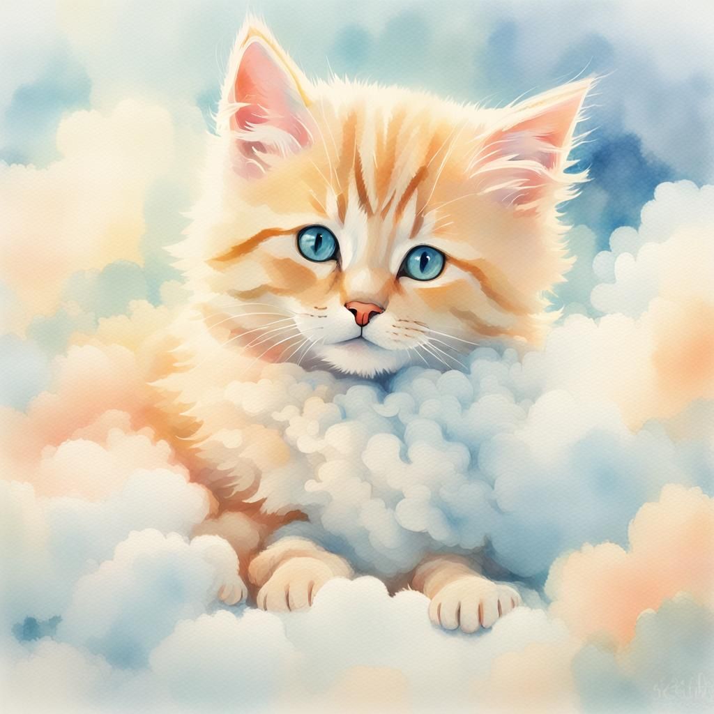 Ethereal Kitten Portrait in Pastel Watercolor