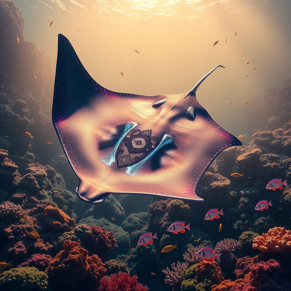 Giant Decorated Sting Ray Glides Underwater Over a Vibrant R...