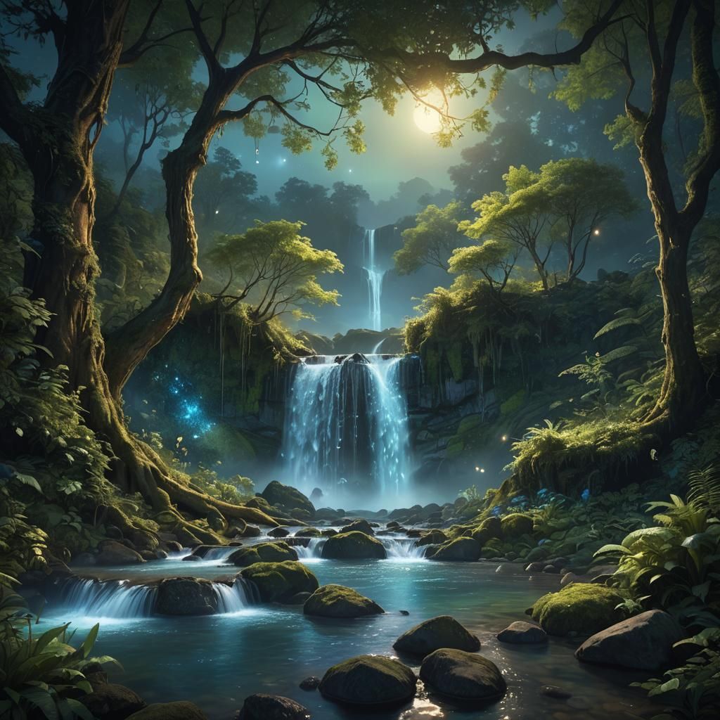 Enchanted Waterfall in Moonlit Forest, Fantasy Art