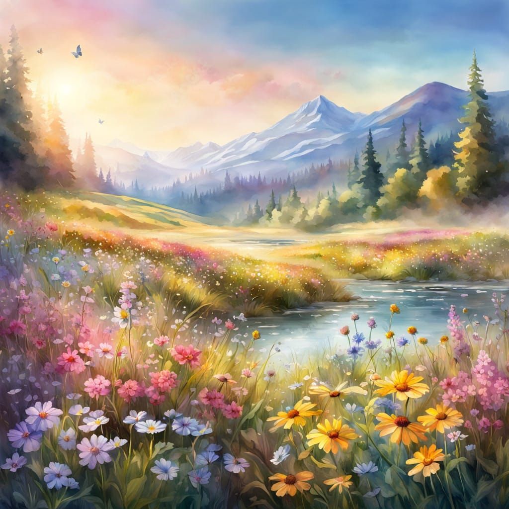 Vibrant Fantasy Landscape in Stylized Watercolor Style