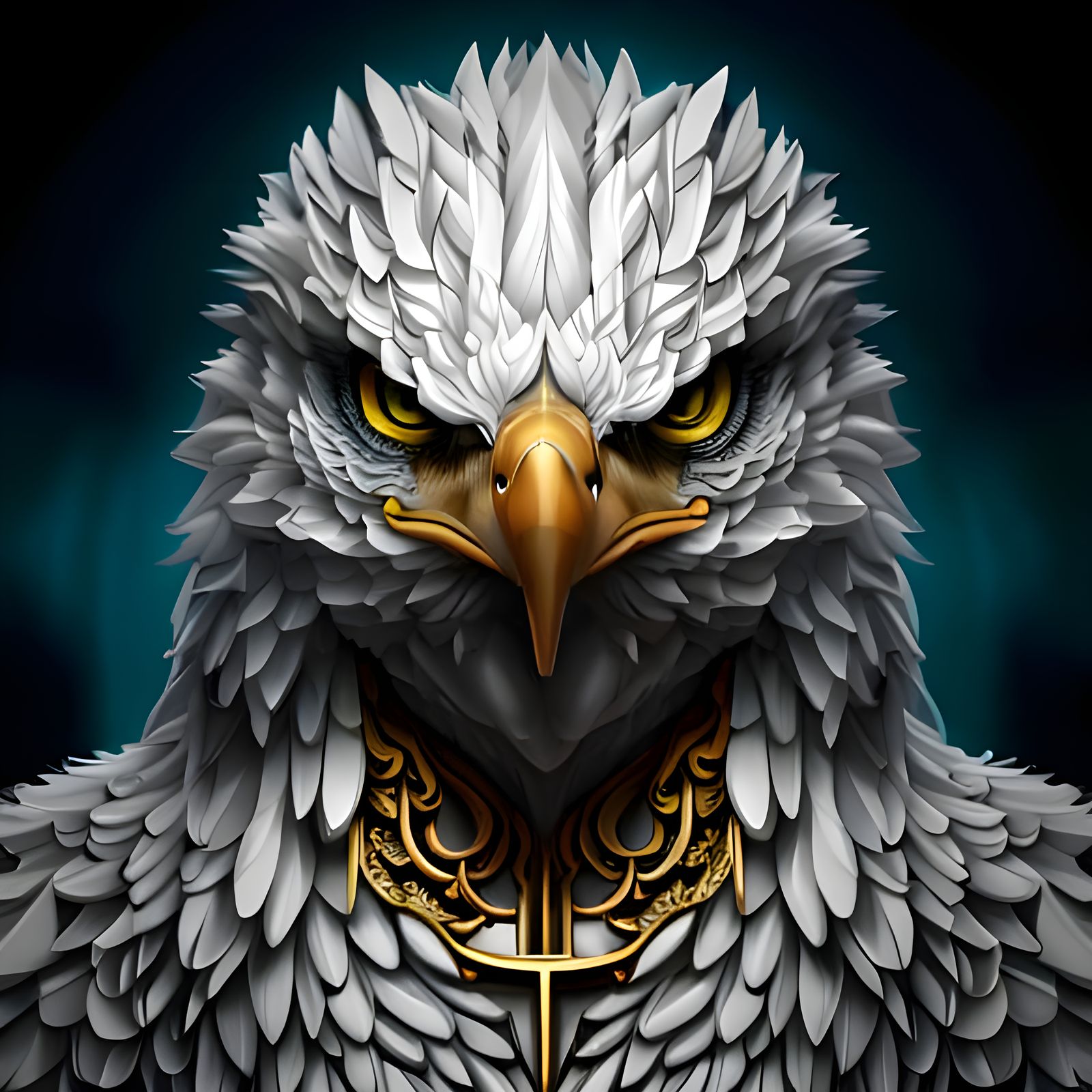 Ornate Eagle Portrait with Gold Necklace in Cyberpunk Style