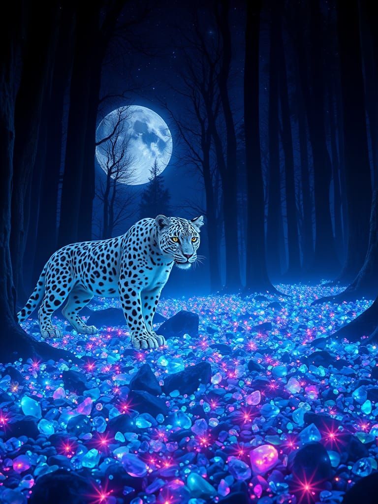 Snow-White Leopards in Iridescent Forest