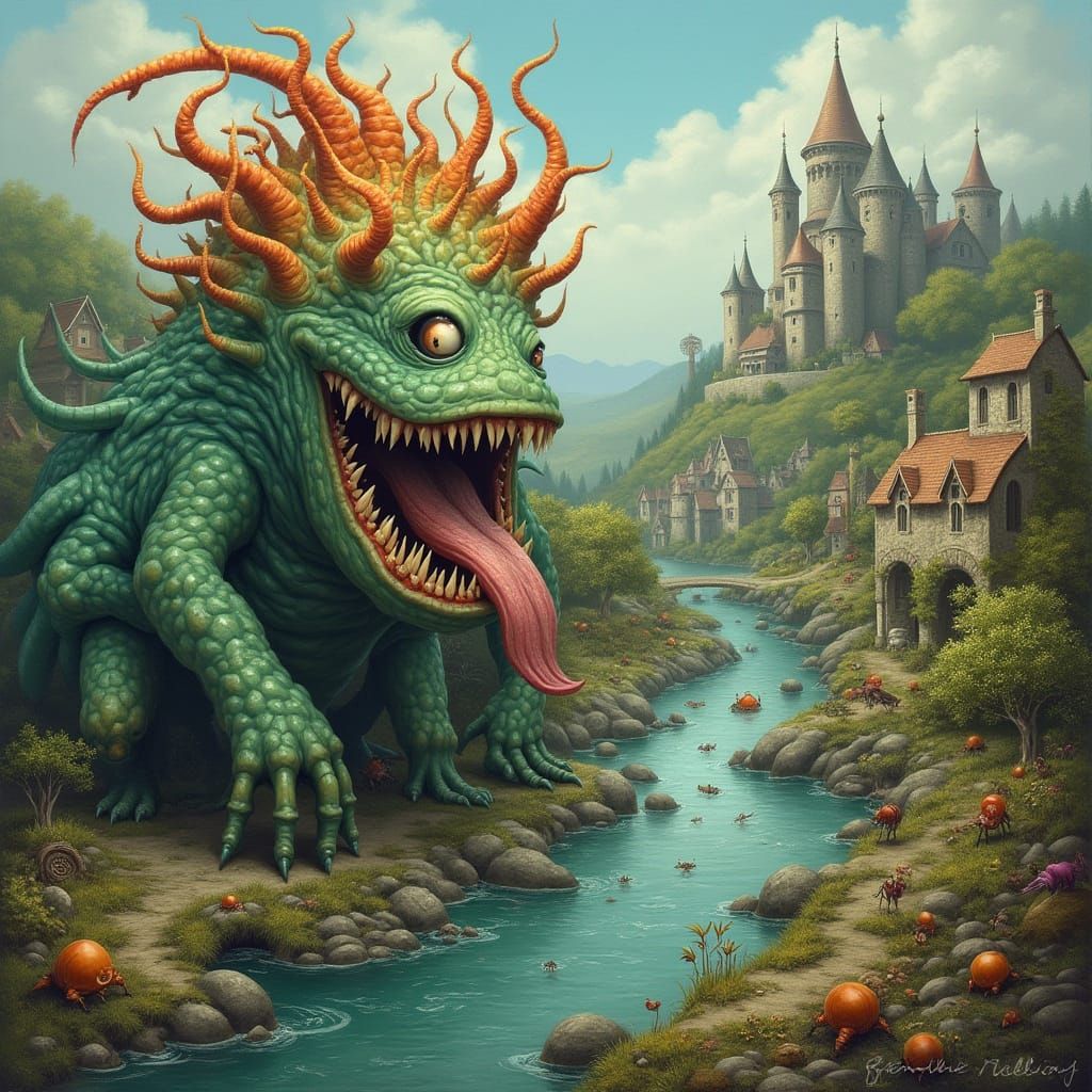 Surreal Monster in Fantastical Medieval Landscape Painting