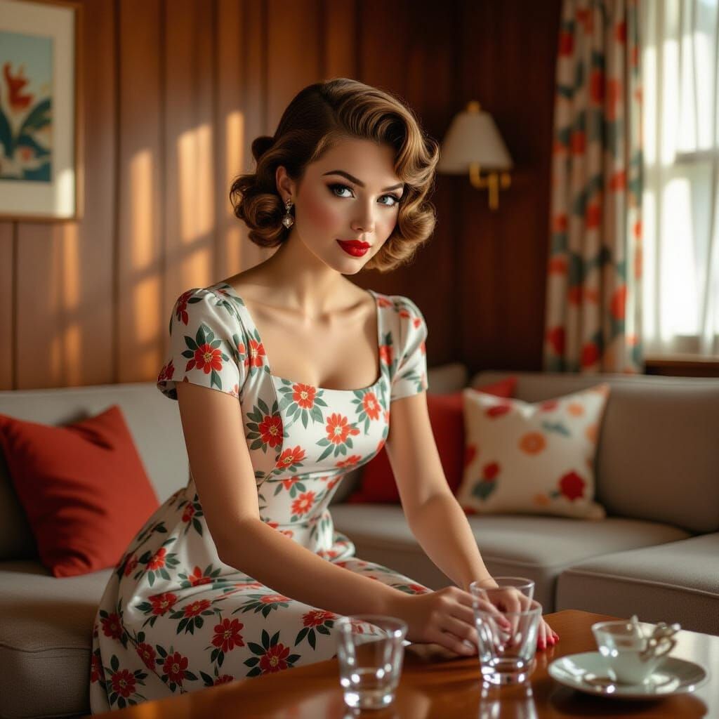 Young Woman Tidying a Mid-Century Modern Room