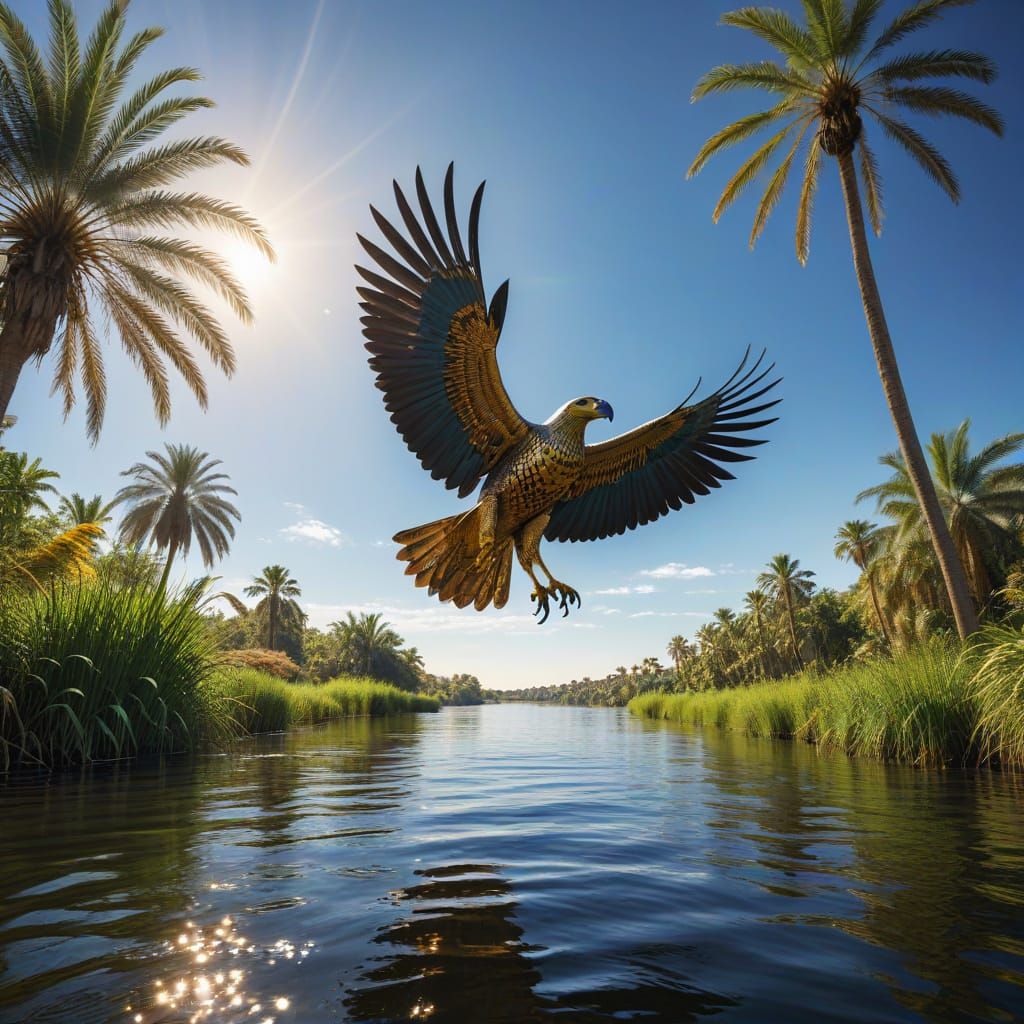 Egyptian God Ra Navigates Solar Barque Across Shimmering Nil...