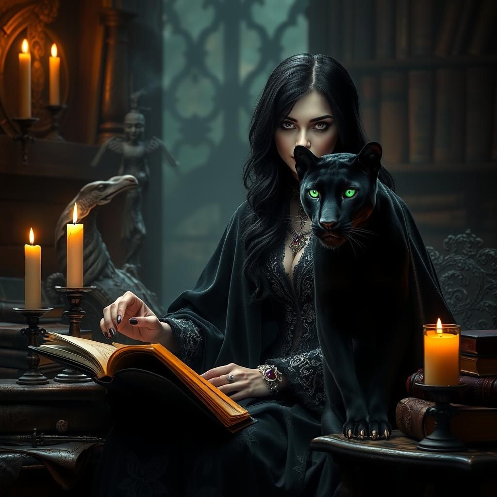 Enchantress Casting Spells with Panther in Gothic Style
