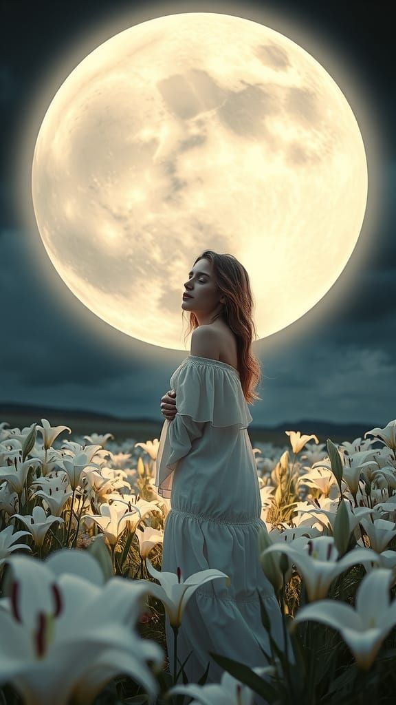 Surreal Woman in Lily Field Under Giant Moon