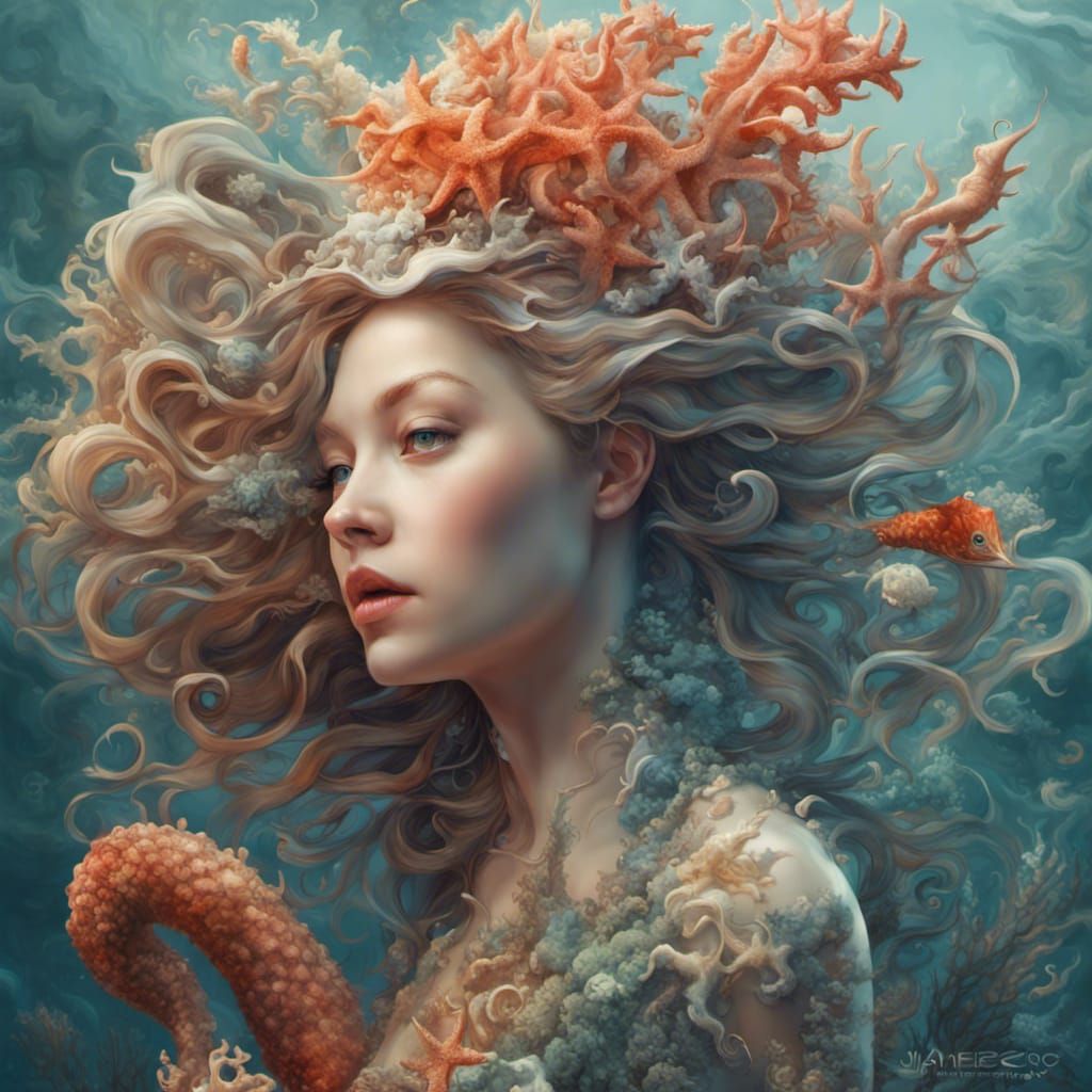 Enchanting Mermaid with Starfish Crown, Digital Art