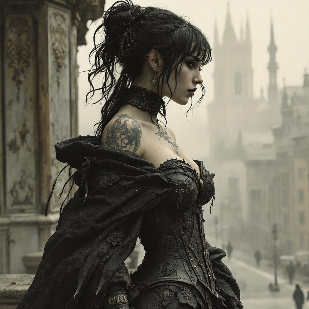 Boisterous Visitor in Foggy City, Art Nouveau Style