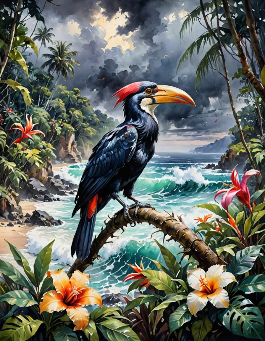 Hornbill in Stormy Sky: Watercolor with Metallic Ink