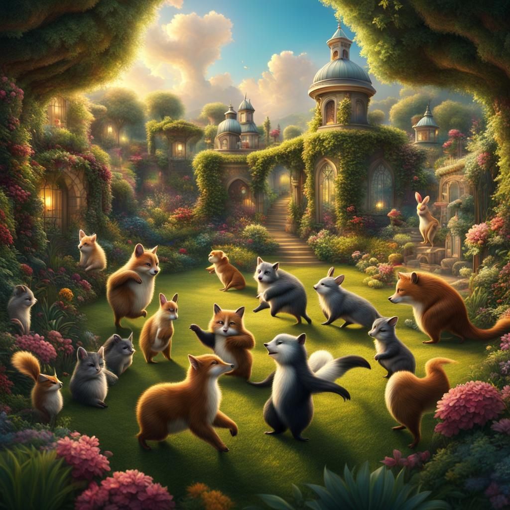 Cute Animals Dancing in a Garden: Digital Matte Painting