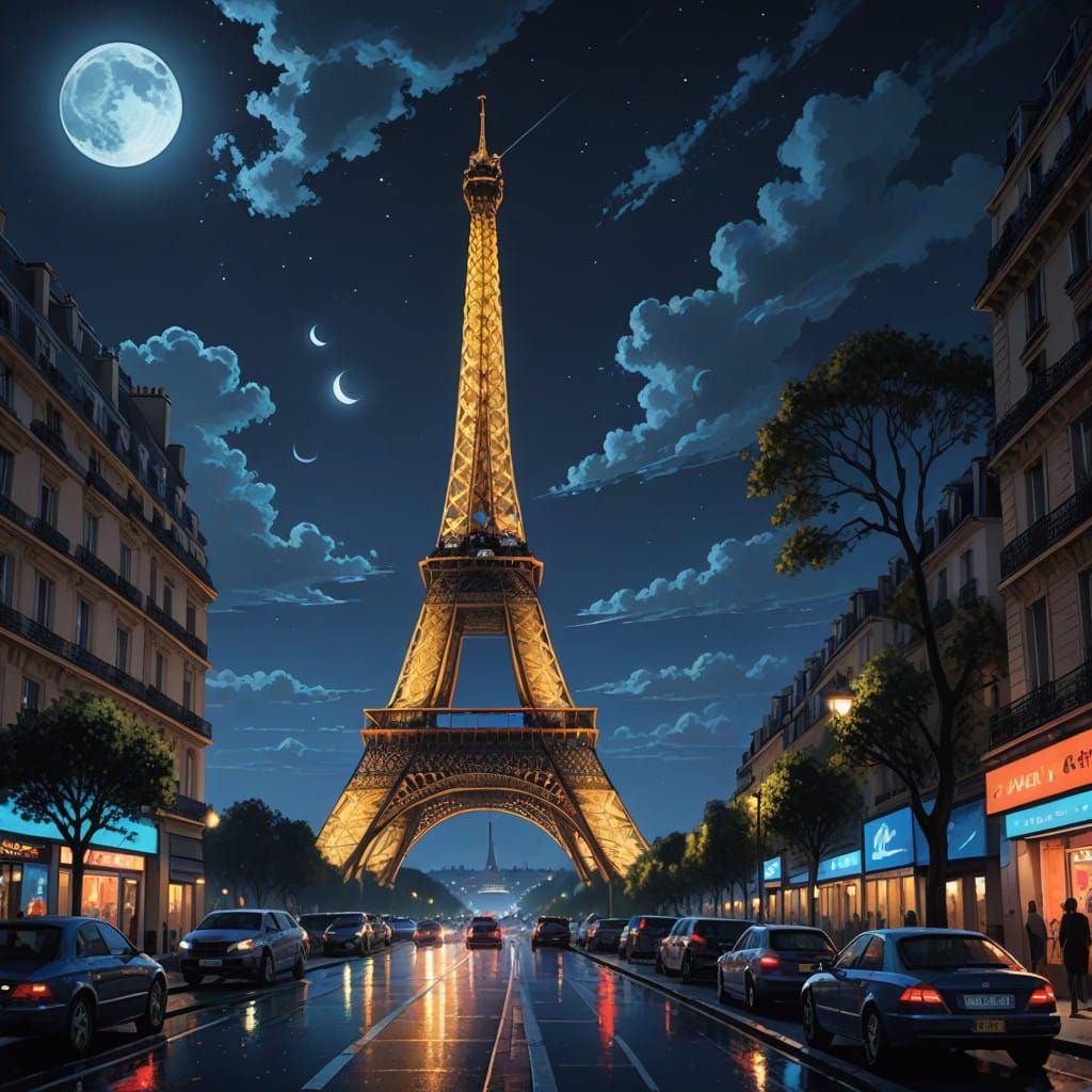 Eiffel Tower in Paris at Night, Futuristic Rendering