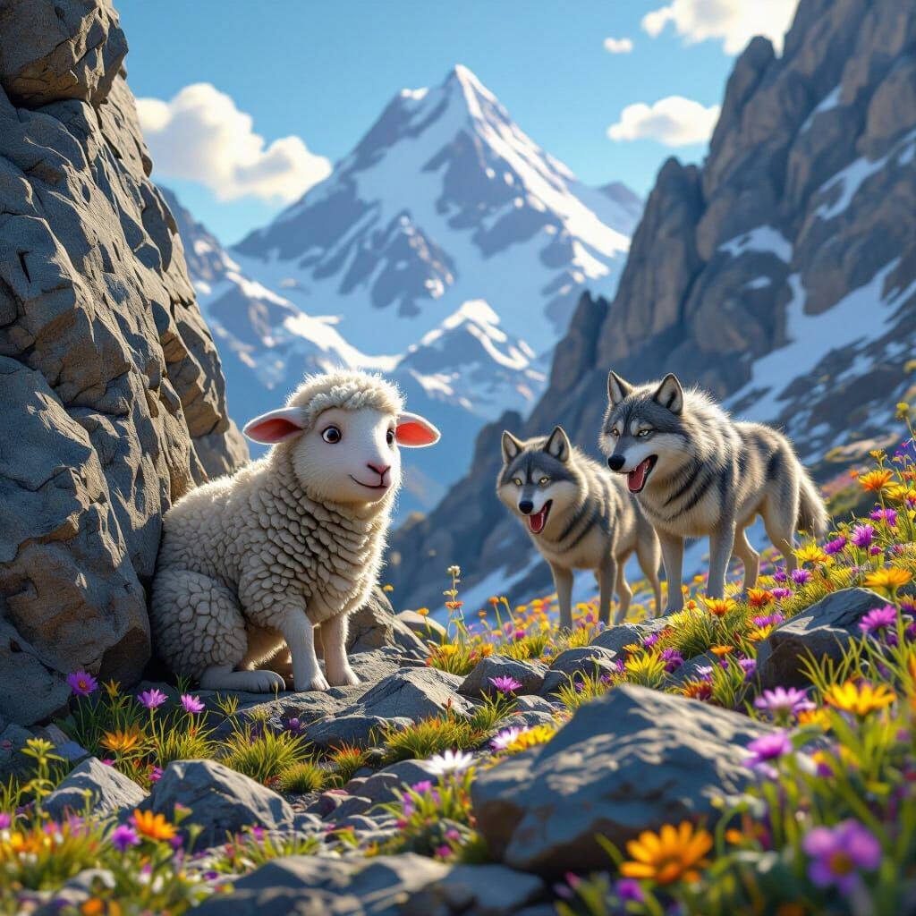 Lamb Hiding From Wolves in Pixar-Disney Style