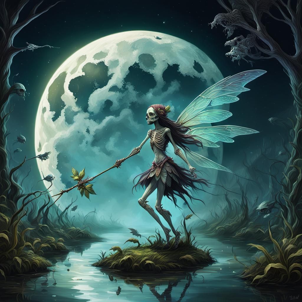 Detailed Skeletal Fairy Flying Over Murky Swamp