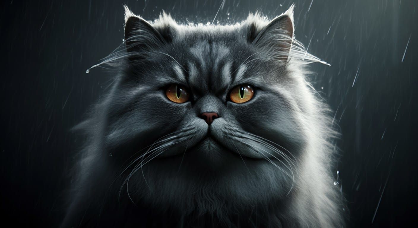 Gray Persian Cat in Rain, Ultrarealistic Mixed Media