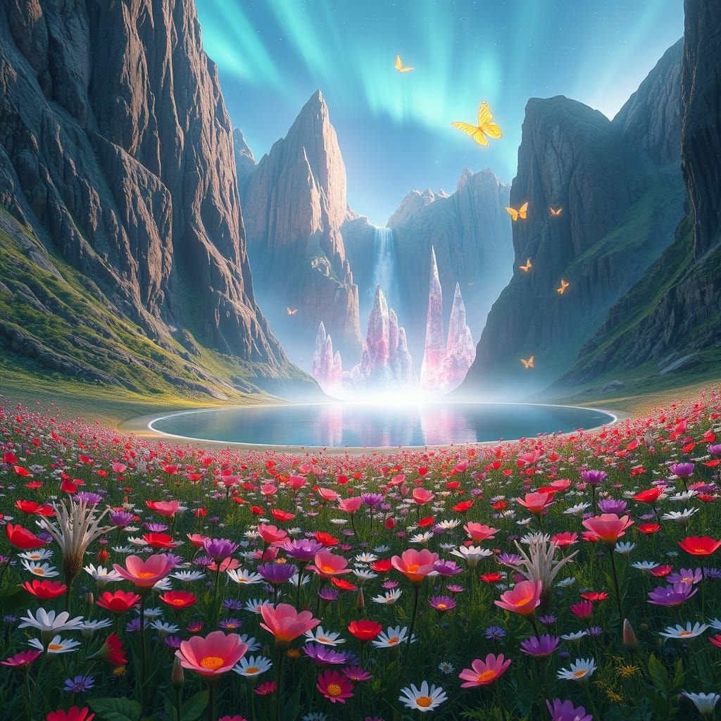 Meadow with Crystalline Waterfall in Aesthetic Concept Art