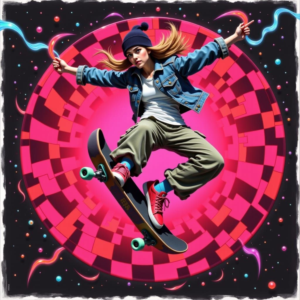 Skater Girl in Neon Checkered Scene