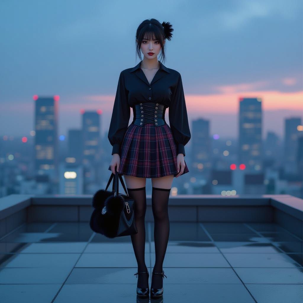 Jirai Kei Woman on Tokyo Rooftop in Hyperrealistic Style