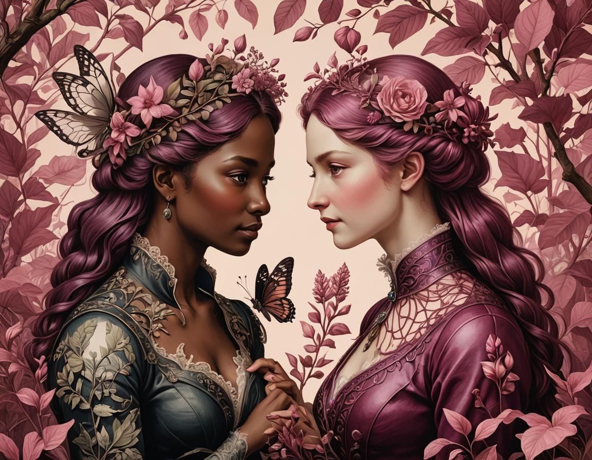 Botanical Illustration of Couple in Victorian Style